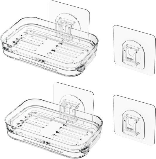 Bar Soap Dish 2 Pack,Self Draining Soap Holder for Shower,Wall Mounted Soap Saver with Strong Adhesive, No Drilling Clear Plastic Holder for Bathroom Storage & Kitchen Sink Organizer,Keeps Soap Dry