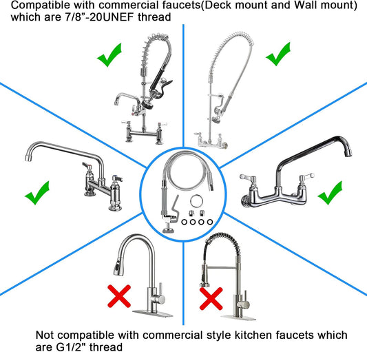 Commercial Sink Hose with Spray Valve 44" Stainless Steel Flexible Hose Pre Rinse Dish Sprayer for Industrial Restaurant Commercial Wall Mount Kitchen Faucet Replacement Parts, Gray