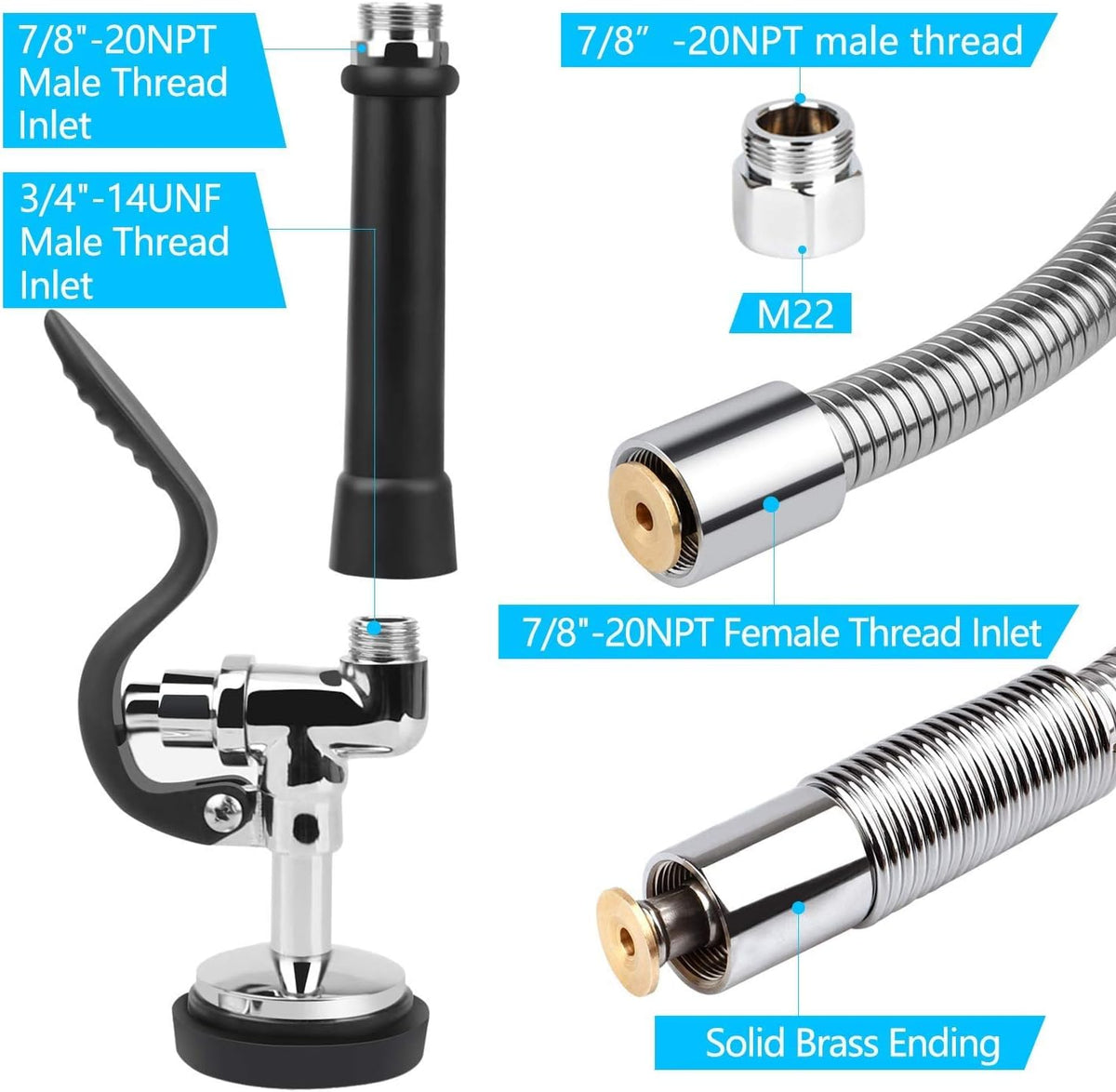 COOLWEST Pre-Rinse Hose with Spray Valve 44 Inch Flexible Stainless Hose with Sprayer Nozzle Head Replacement Kit for Commercial Kitchen Sink Faucet(Free Brass Adapter to Connect Add-on Swivel Spout)