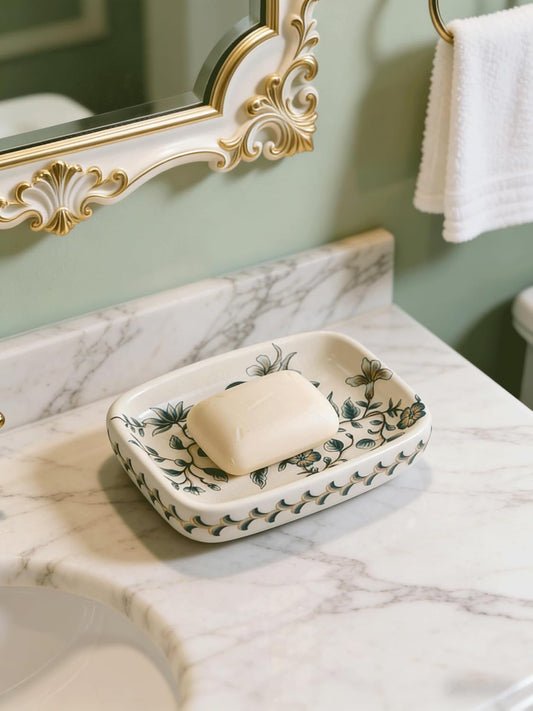 Kelake Ceramic Soap Dish, Ice Crack Ceramic Bird and Flower Pattern Soap Dish Holder for Bathroom, Creative Porcelain Shower Soap Tray Box Bath Accessories with Two Drain Holes