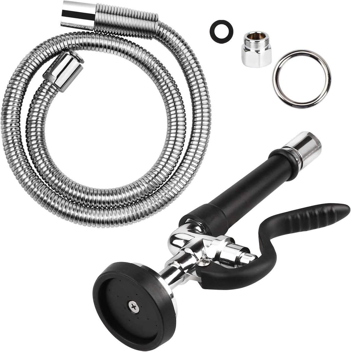 COOLWEST Pre-Rinse Hose with Spray Valve 44 Inch Flexible Stainless Hose with Sprayer Nozzle Head Replacement Kit for Commercial Kitchen Sink Faucet(Free Brass Adapter to Connect Add-on Swivel Spout)