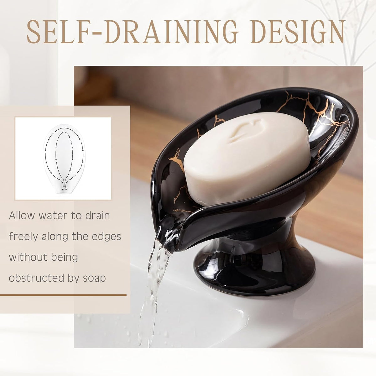 2 Pack Ceramic Soap Bar Holder Leaf Shaped Soap Dish, White Black