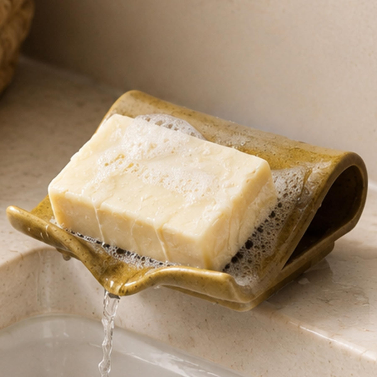 Zoeeker Self-Draining Soap Dish, Ceramic Soap Holder with Drain Spout