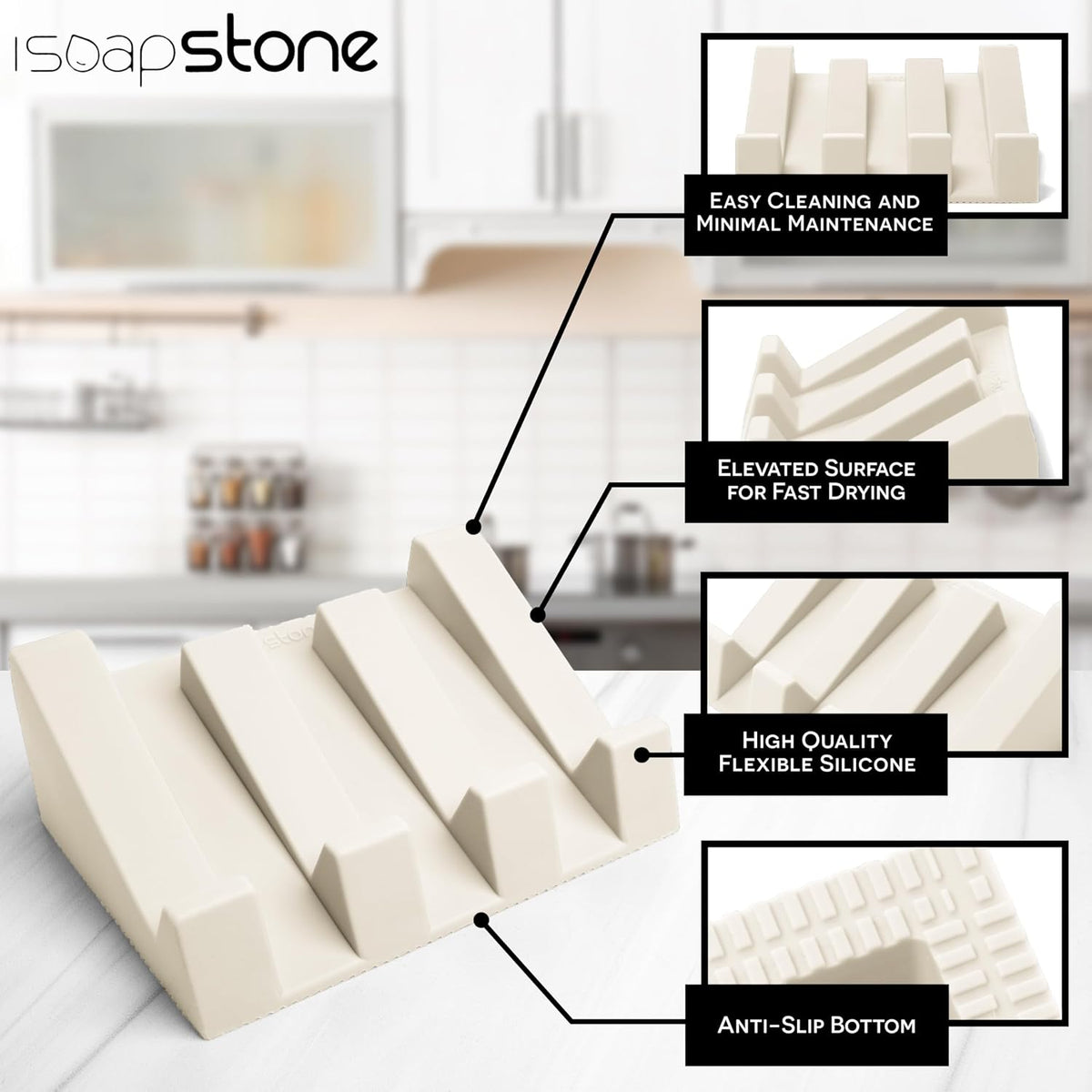 Silicone Soap Dish (USA Patented) Self Draining Bar Soap Holder for Shower Bathroom Sink, Drying Soap Dish Tray Sponge Holder Easy Cleaning Soap Saver Travel Accessories (Beige, 1)