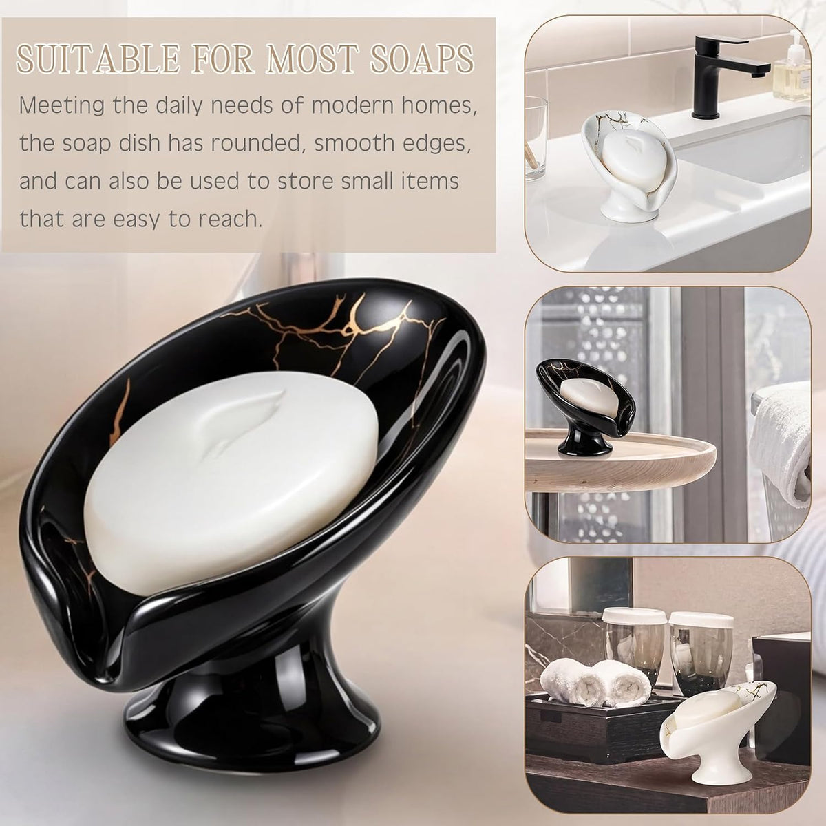 2 Pack Ceramic Soap Bar Holder Leaf Shaped Soap Dish, White Black