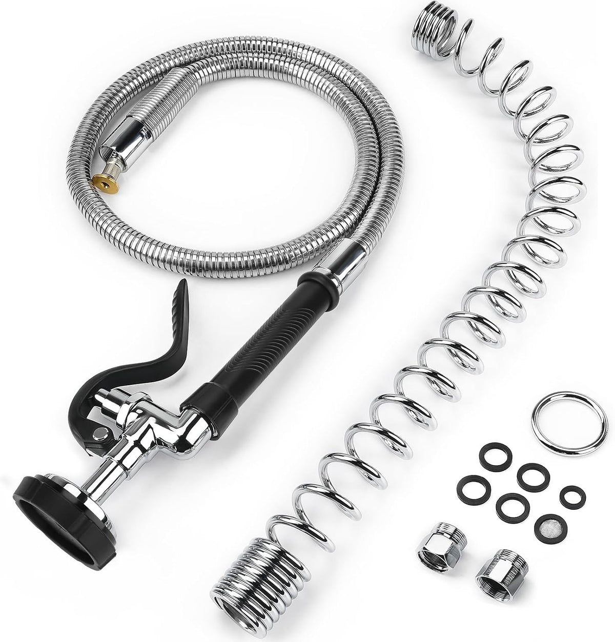 Spray Valve with 45" Flexible Stainless Steel Hose & Pre-Rinse Overhead Spring, Commercial Faucet Flexible Hose with Spray Head Replacement Kit for Commercial Restaurant Industrial Kitchen Sink Faucet