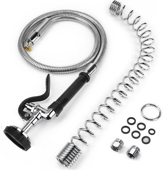 Spray Valve with 45" Flexible Stainless Steel Hose & Pre-Rinse Overhead Spring, Commercial Faucet Flexible Hose with Spray Head Replacement Kit for Commercial Restaurant Industrial Kitchen Sink Faucet