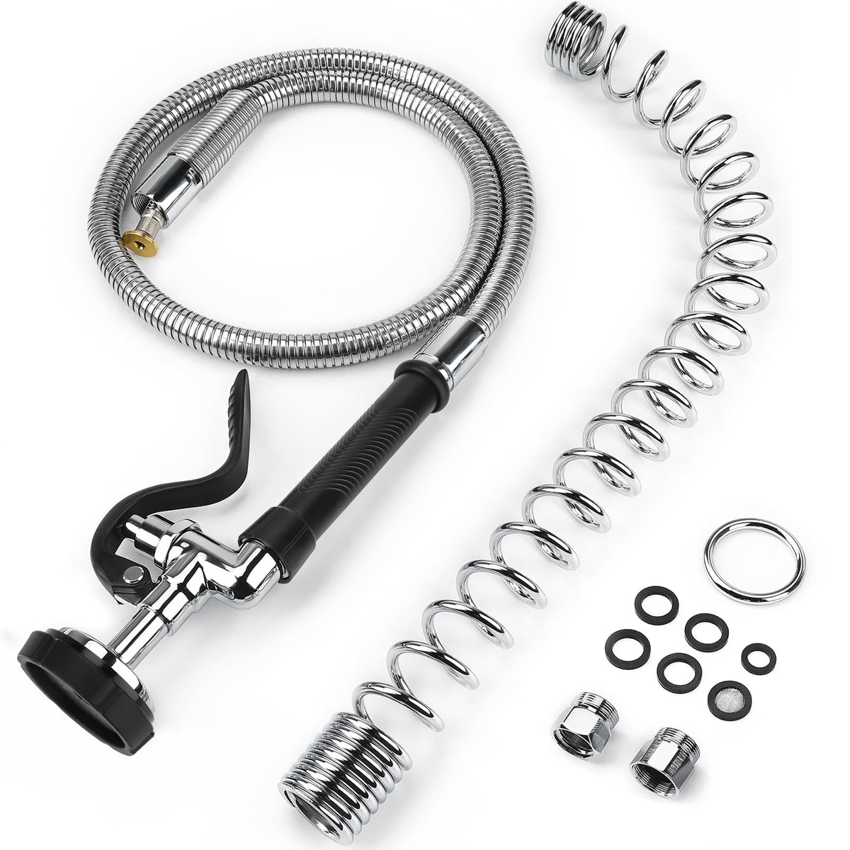 Spray Valve with 45" Flexible Stainless Steel Hose & Pre-Rinse Overhead Spring, Commercial Faucet Flexible Hose with Spray Head Replacement Kit for Commercial Restaurant Industrial Kitchen Sink Faucet