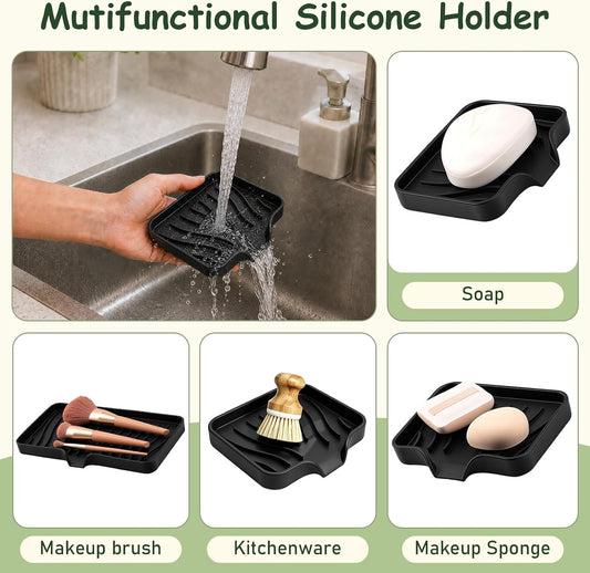 Silicone Soap Dish with Drain Spouts, Bar Soap Holder, Self-Draining Sink Organizer Kitchen Sponge Tray, Non-Slip Dispensers for Bathroom, Kitchen (Grey, 2 Short)