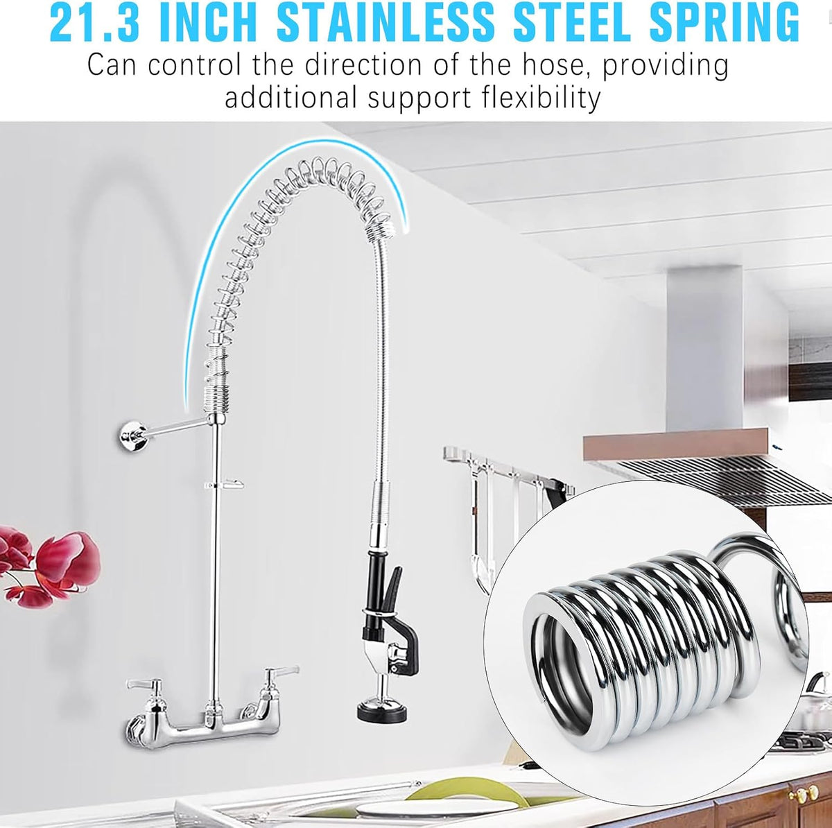 Spray Valve with 45" Flexible Stainless Steel Hose & Pre-Rinse Overhead Spring, Commercial Faucet Flexible Hose with Spray Head Replacement Kit for Commercial Restaurant Industrial Kitchen Sink Faucet