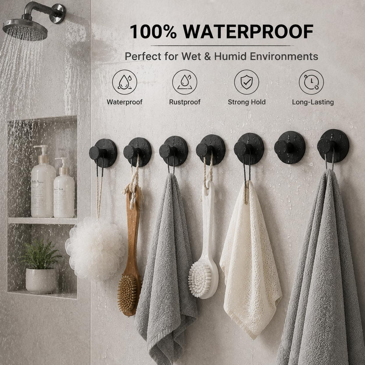 Suction Cup Hooks 6 Pack, Stainless Steel Bathroom Hooks Black