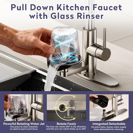 HOWUWEY Brushed Nickel Kitchen Faucet with Pull Down Sprayer & Cup Washer