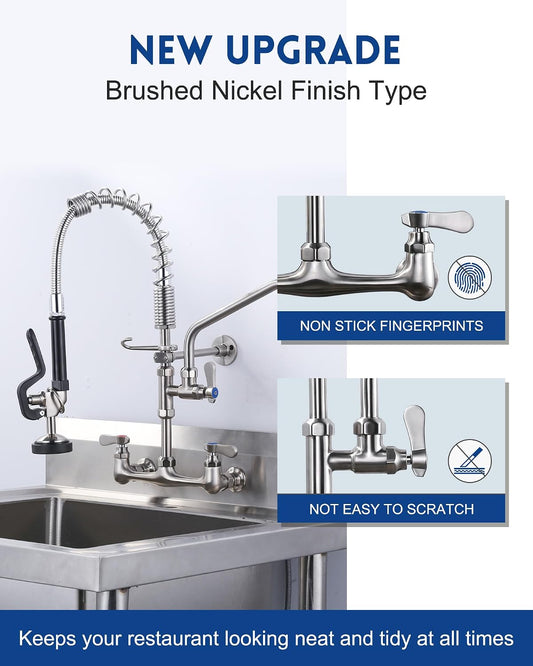 [New Upgrade] Brushed Nickel 21" Height Commercial Kitchen Faucet with Pre-Rinse Sprayer 8 Inch Center Wall Mount Kitchen Sink Faucet with 10" Add-on Swing Spout for 1/2 Compartment Sink