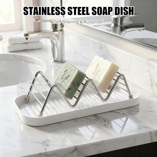 Soap Dish Holder Stainless Steel Self Draining with Tray, Shampoo Bar Holder for Shower, Rustproof Bathroom Soap Dish Organizer for Shampoo Bars, Conditioner Bars, Kitchen Sink Countertop