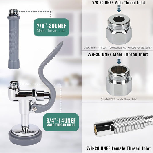Pre Rinse Spray Valve with 45" Flexible Pre Rinse Hose,Non-Slip Commercial Sink Sprayer with Flexible Stainless Steel Hose, Replacement for Commercial Kitchen Sink Faucet,Grey