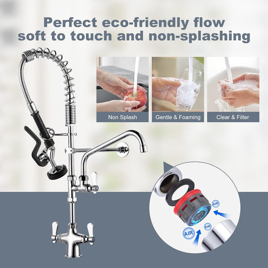 Single Hole 27" Height Commercial Kitchen Faucet Deck Mount with Pre-Rinse Sprayer, Commercial Sink Faucet with 10" Add-on Swing Nozzle Spout & Spring Pull Down Sprayer for Restaurant Hotel