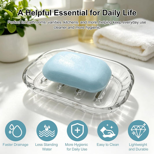 2 Pack Clear Soap Dish Holder for Bar Soap, Bathroom and Shower Soap Tray, Kitchen Sink Soap Saver Dish, Fits Most Soaps