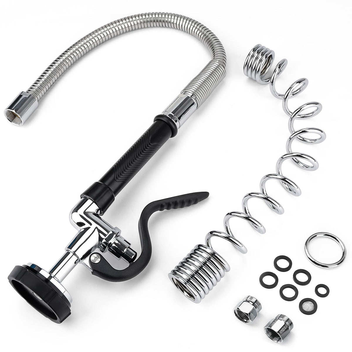 Spray Valve with 45" Flexible Stainless Steel Hose & Pre-Rinse Overhead Spring, Commercial Faucet Flexible Hose with Spray Head Replacement Kit for Commercial Restaurant Industrial Kitchen Sink Faucet