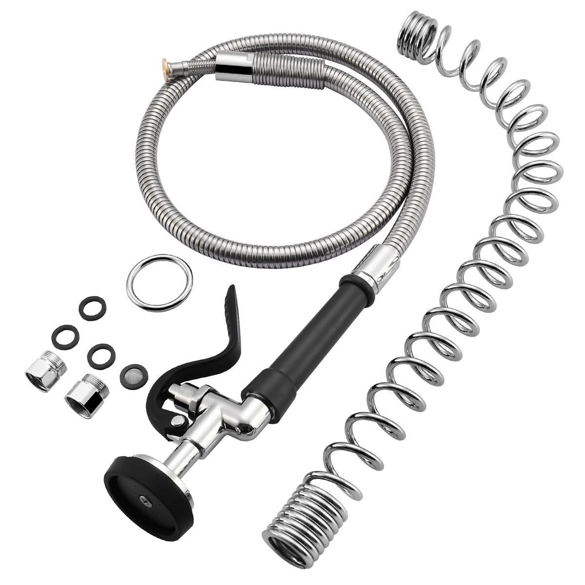HWM Commercial Sink Sprayer Valve with 38” Flexible Stainless Steel Pre Rinse Hose & Overhead Spring Replacement Kit for Commercial Kitchen Sink Faucets