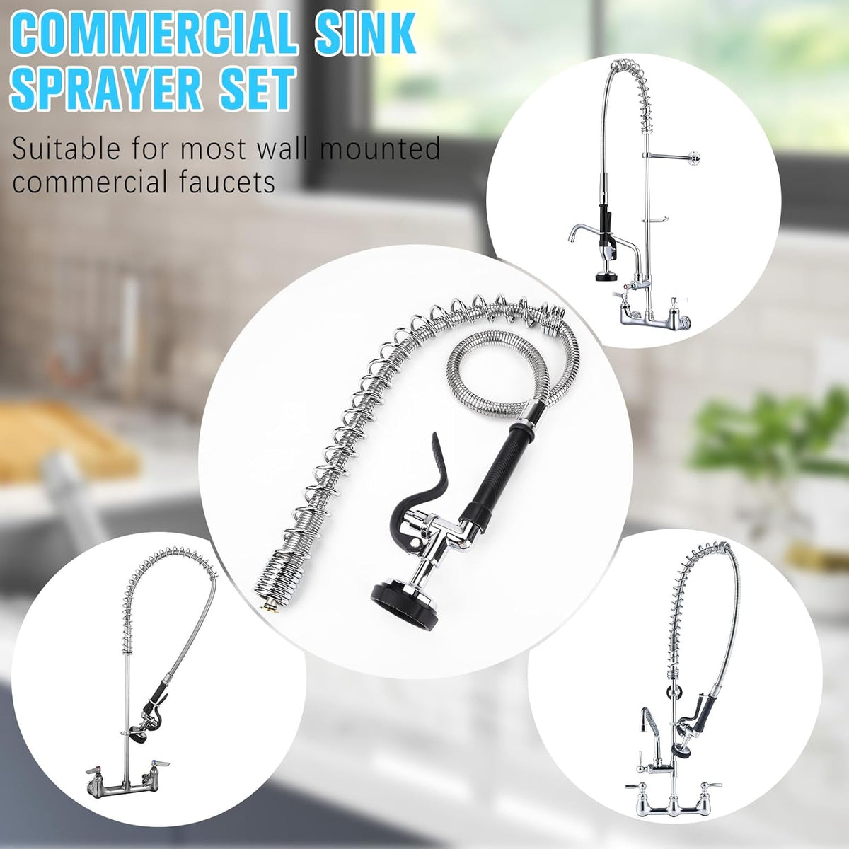 Spray Valve with 45" Flexible Stainless Steel Hose & Pre-Rinse Overhead Spring, Commercial Faucet Flexible Hose with Spray Head Replacement Kit for Commercial Restaurant Industrial Kitchen Sink Faucet