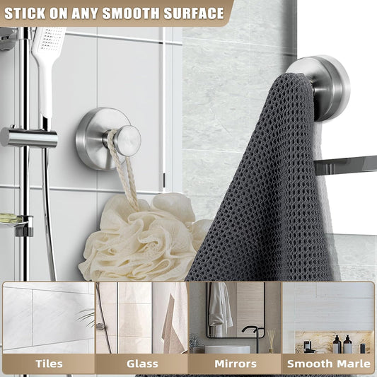 Suction Cup Hooks for Shower No-Drill Bathroom Hooks for Towels, Robes, Loofah Mountable on Bathroom Walls, Kitchen, Glass, Mirrors, Tile and Smooth,Non-Porous Surfaces (4, Brushed Nickel)