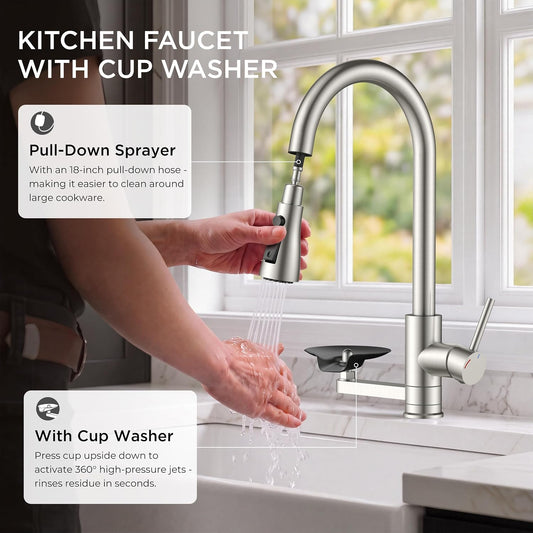 FORIOUS Kitchen Faucet with Cup Washer, Pull Down Sprayer, Brushed Nickel