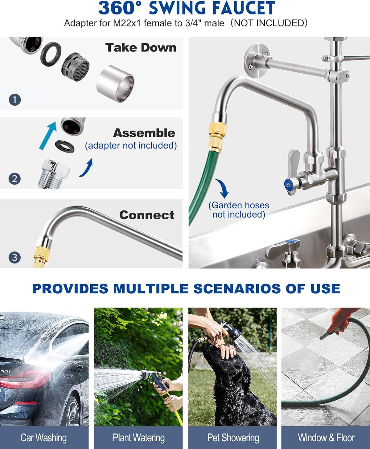 [New Upgrade] Brushed Nickel 21" Height Commercial Kitchen Faucet with Pre-Rinse Sprayer 8 Inch Center Wall Mount Kitchen Sink Faucet with 10" Add-on Swing Spout for 1/2 Compartment Sink